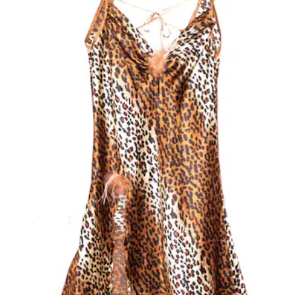 80s Satin Slip Dress Mini Lingerie Leopard Print Satin Slip Fur Trim Vintage